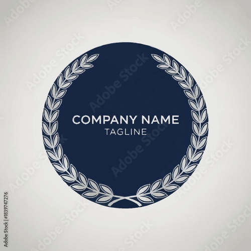 A professional circular logo featuring a white laurel wreath surrounding a dark blue center with placeholder text 