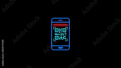 Glowing neon QR code icon animation,QR code with scan icon isolated animation ,mobile QR code neon icon animation, QR code 4k video footage 