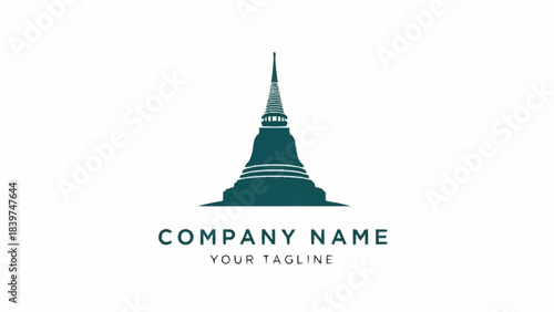 A minimalist teal silhouette logo featuring a traditional Asian pagoda or stupa, with placeholder text for company name and tagline.