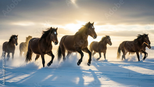 Herd of brown horses running in snow at sunset for lunar new year card or farm banner design