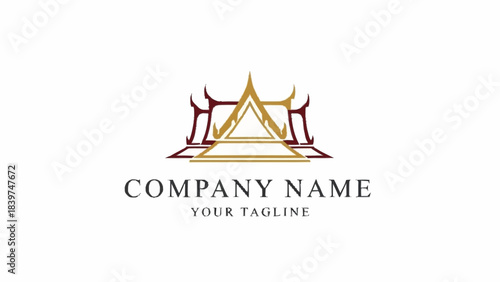 Elegant gold and maroon stylized temple roof logo design template for a company.