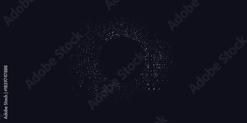Abstract digital circles of white particles. Big Data visualization into cyberspace. Network Information Decay. Futuristic modern background.