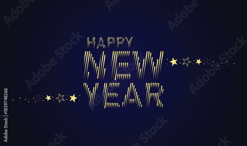 Minimalist Happy New Year design featuring elegant gold line typography with star accents on a dark background, perfect for festive greetings, banners, and celebration graphics.