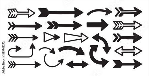 Assortment of hand drawn style black and white arrows in various right pointing shapes for design