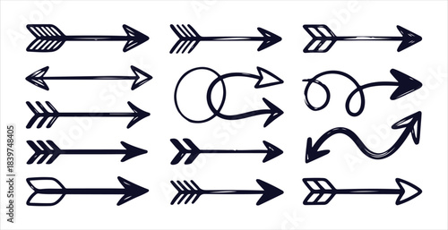 Set of sketchy hand drawn dark blue arrows pointing right featuring spiral wavy and thick styles
