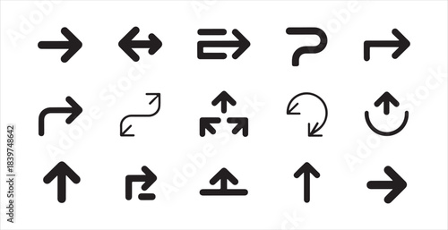 Modern set of black directional arrows including straight curved upload and two way indicators