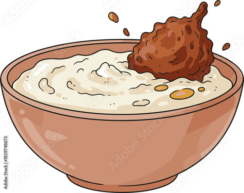 Cartoon Style Detailed Bowl of Creamy Grits with Fried Chicken Food Illustration