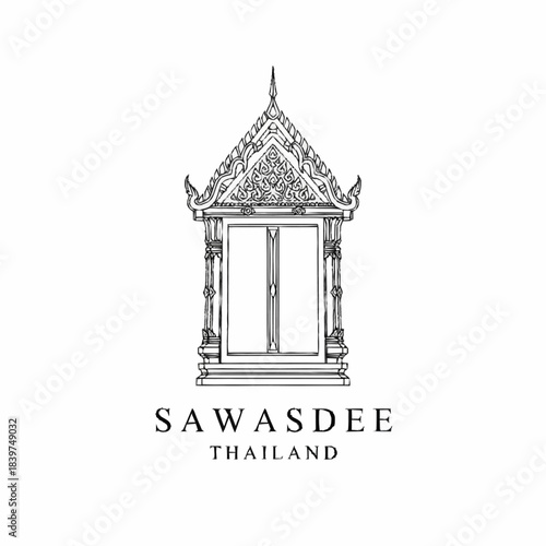 Black and white line art illustration of a traditional Thai temple window or door frame with intricate architectural details and the text Sawasdee Thailand below.