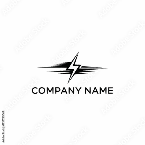 Monochromatic logo design featuring a stylized lightning bolt with horizontal speed lines and placeholder text 'COMPANY NAME' below.