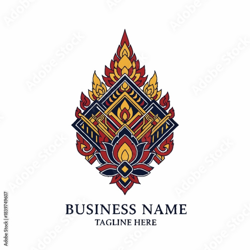 Intricate traditional Thai pattern logo design featuring a symmetrical, colorful motif with cultural elements for branding.