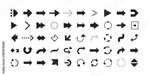 Compilation of diverse arrow icons illustrating navigation redirection data flow and user interaction cues