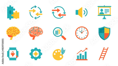 Comprehensive collection of modern flat design icons representing business strategy, innovation, learning, and personal growth for diverse applications