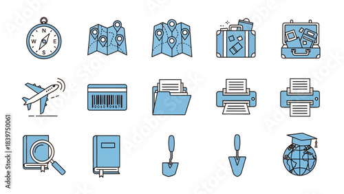 Collection of icons representing travel, navigation, and education, including a compass, maps, airplane, suitcase, printer, book, and graduation globe