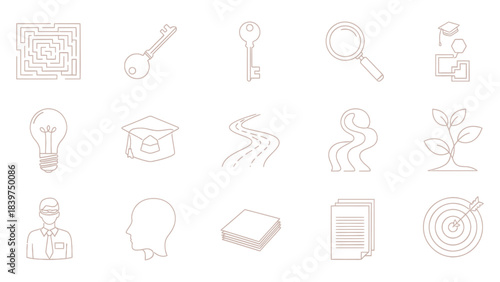 Comprehensive outline icon set for navigating business strategy, problem-solving, and continuous learning, illustrating concepts of innovation, progress, and discovery for modern projects