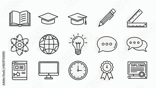 Educational icons representing learning, graduation, and academic success, including books, caps, computers, and diplomas, symbolizing knowledge and achievement