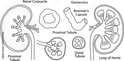 Detailed nephron anatomy with renal corpuscle, tubules, glomerulus, and Loop of Henle
