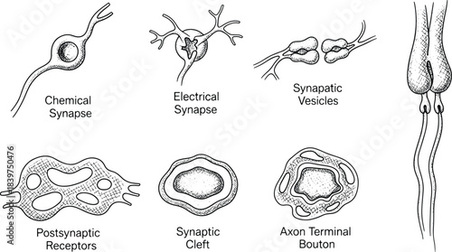 Hand-drawn synapse anatomy showing chemical, electrical, vesicles, receptors, and axon bouton
