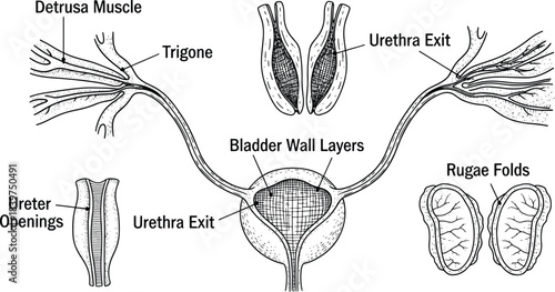 Detailed urinary bladder anatomy with urethra, ureters, detrusor muscle, and rugae