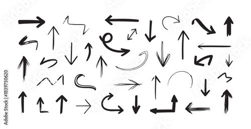 Assortment of unique sketchy black ink arrows illustrating motion and navigation on white