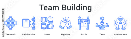 Team building fostering collaboration and unity through integrated teamwork leading to collective achievement. icon sheet multiple style collection