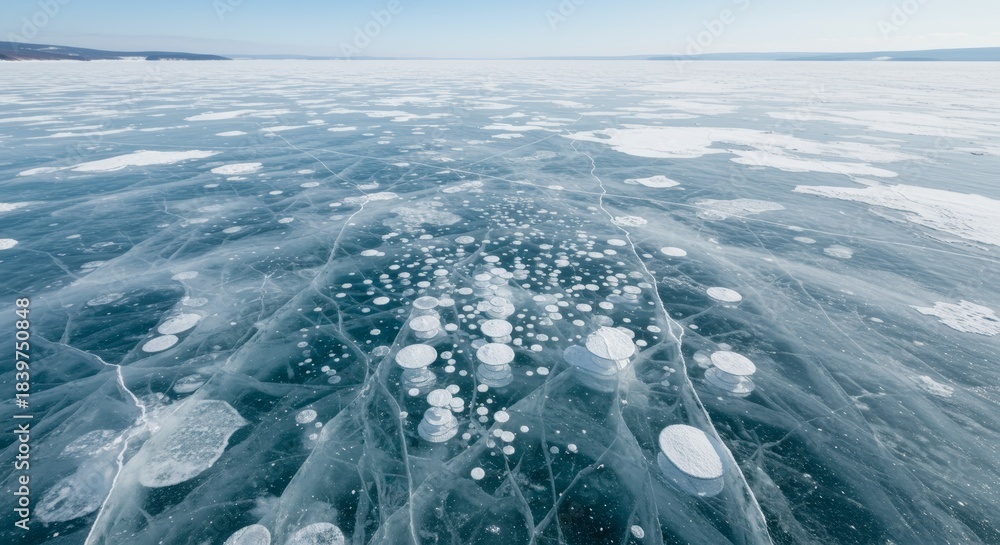 Fototapeta premium Frozen Lake Baikal Ice Bubbles Unique Winter Landscape.