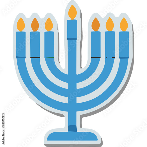 Blue Menorah With Seven Lit Candles On Black Background With White Outline And Shadow