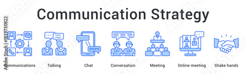Communication strategy integrating talking and chat through meetings leading to agreements and partnerships. icon sheet multiple style collection