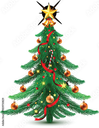 Decorated christmas tree with golden ornaments red ribbon star and bells on a festive winter holiday background
