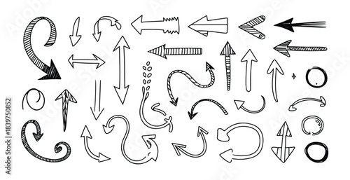 Set of various hand drawn doodle arrows and directional signs for design