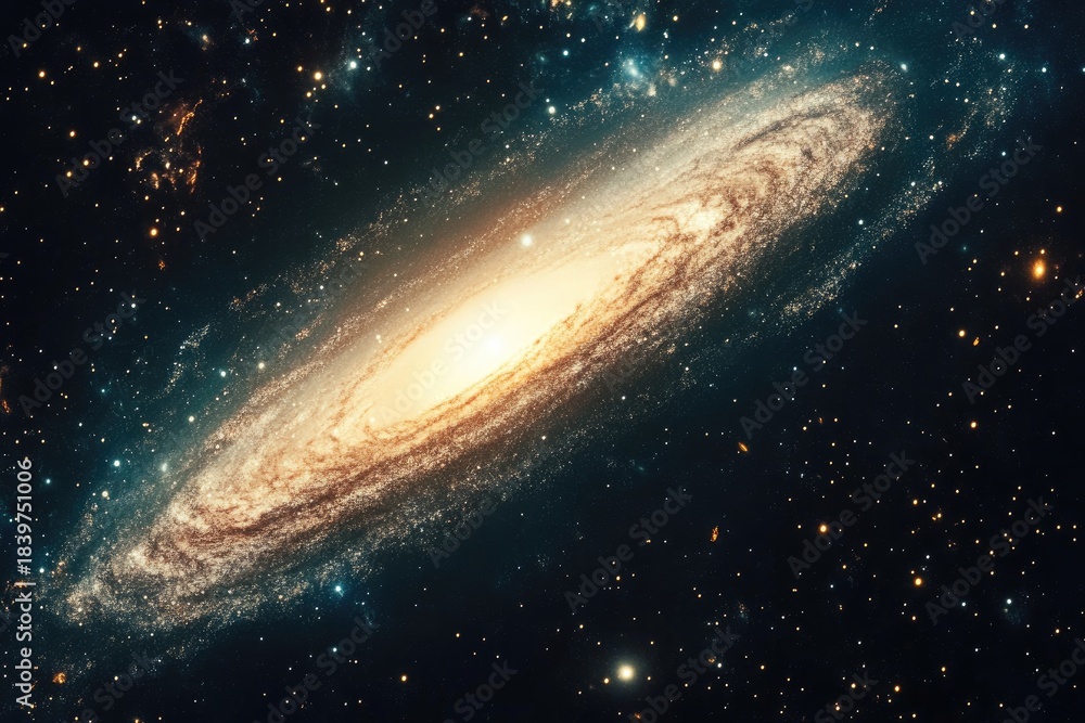 Obraz premium Spiral galaxy, bright core, against star-filled dark space