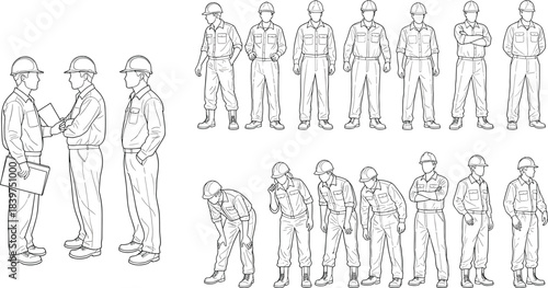 Construction workers line art illustration showing multiple professional poses, industrial engineering team sketch, safety uniform drawing for training, manuals and technical design
