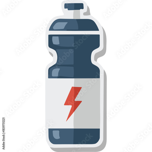 Blue Water Bottle with Red Lightning Bolt Symbol and White Label for Hydration and Energy