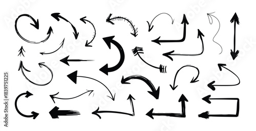 Diverse set of hand drawn arrows showing circular curved and directional motion graphics