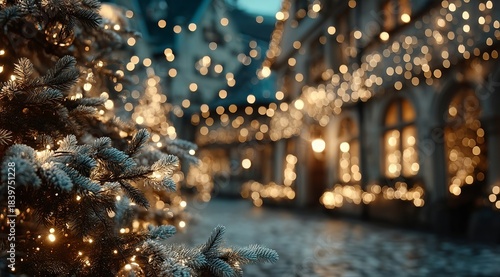 Magical Christmas scene: snow-dusted Christmas tree illuminated by warm lights, city buildings adorned with decorative fairy lights. capturing the cozy, festive, and enchanting mood.