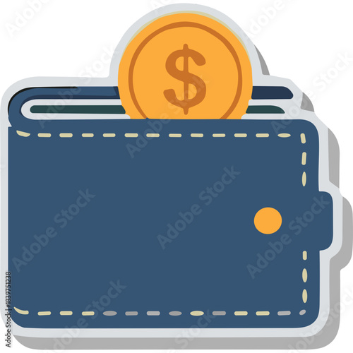 Blue Wallet with Golden Coin Featuring Dollar Sign on Top Against a Clean White Background with Subtle Shadow