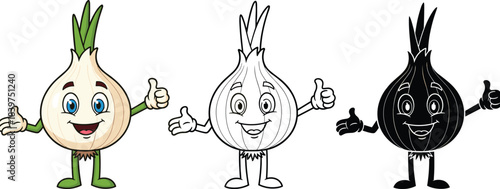 Cute cartoon onion character with thumbs up, including colored, outline and silhouette versions, fun vegetable mascot illustration for kids and food themes