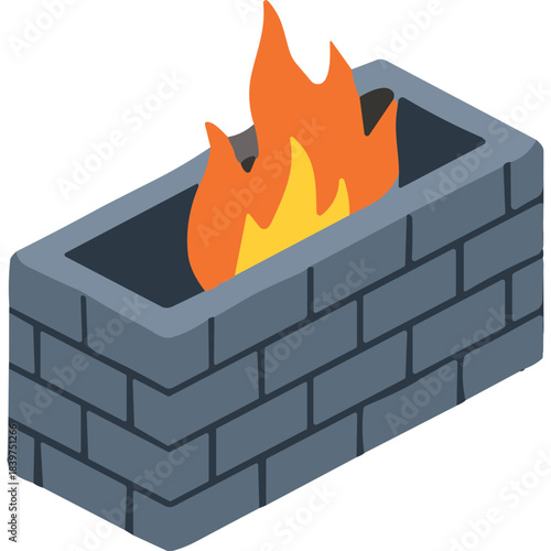 Brick Fire Pit With Bright Orange Flames And Yellow Glow On A Clear Day No People Present Outdoors