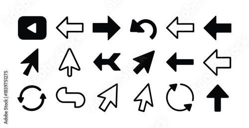 Essential set of black and white interface arrows and mouse pointers for apps