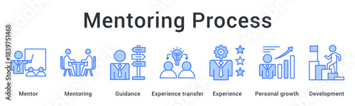 Mentoring process providing guidance and experience transfer for personal growth and professional development.