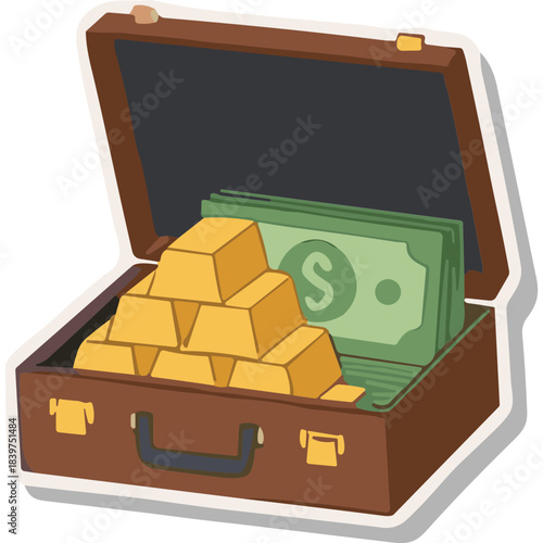 Brown Briefcase Filled With Gold Bullion Bars and Stacked Paper Money Bills Representing Wealth and Financial Security