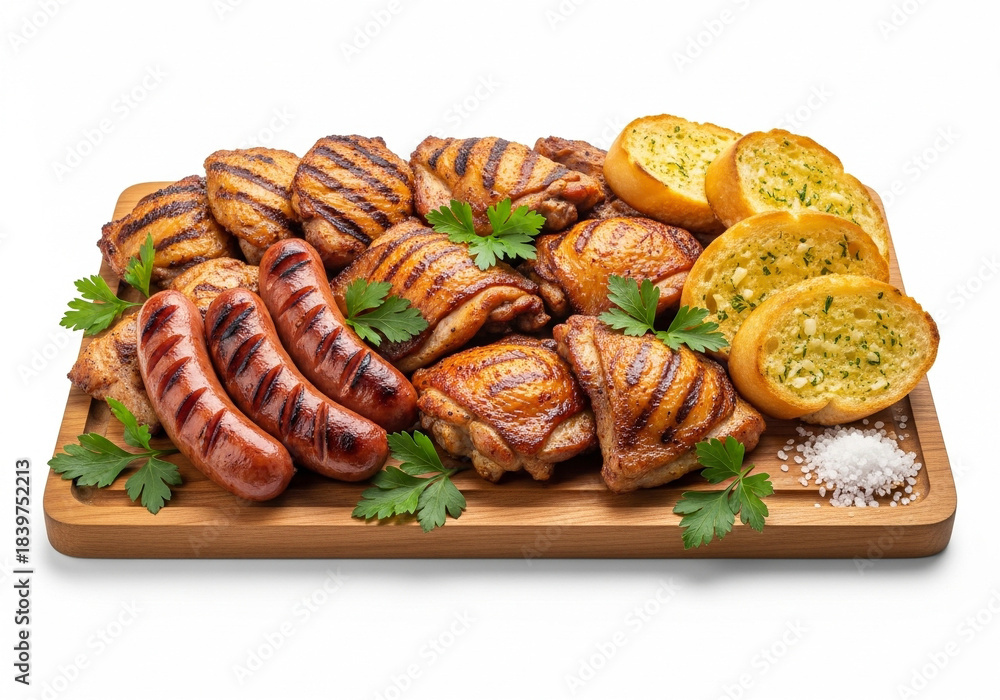 Fototapeta premium Grilled chicken, sausages and garlic bread on wooden board