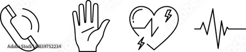 Emergency hotline and health support icons showing call alert, stop hand, heart attack warning, and heartbeat line for medical assistance graphics