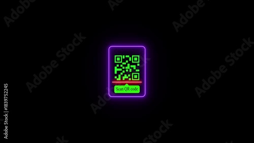 Glowing neon payment QR code icon animation,QR code with scan icon isolated animation ,mobile QR code neon icon animation, QR code 4k video footage