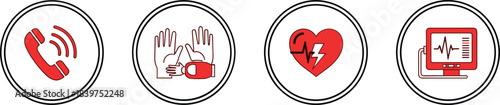 Emergency response icons illustrating phone call, CPR hands, defibrillation heart, and medical monitor symbols for first aid, healthcare training, and safety education