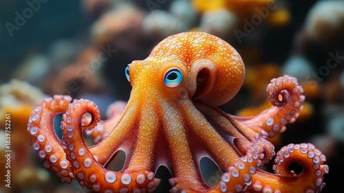 Vibrant orange octopus gracefully swimming among colorful coral reefs