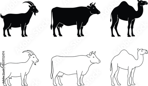 Farm animal silhouettes and outline illustrations of goat, cow, and camel livestock icons for agriculture, farming, husbandry design and educational projects