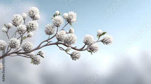 Delicate white flowers bloom on a branch against a soft blue sky blooming branch
