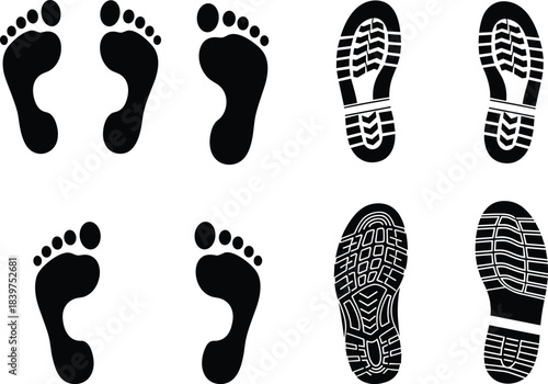 Footprint and shoe print silhouette set featuring bare feet and detailed boot soles for tracking, path symbols, outdoor illustration and graphic design