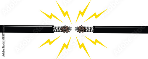 Illustration of broken electric cable with exposed wires and energy sparks symbolizing danger, power failure, electrical hazard, repair issues and safety warnings