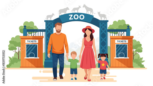 Under a blue archway crowned with animal silhouettes, a cheerful family of four walks hand in hand past wooden ticket booths, ready to begin a fun-filled day of adventure and discovery at the zoo